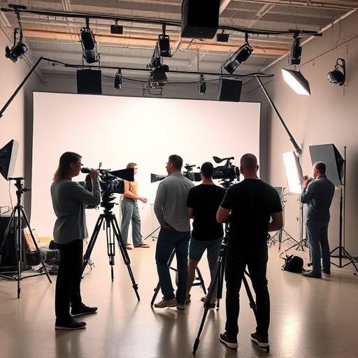 Illustrazione di un team di professionisti che lavorano in uno studio di produzione video, con telecamere e attrezzature moderne.