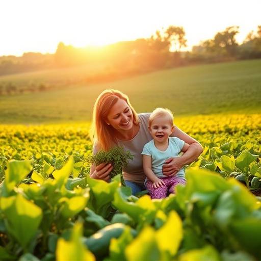 Immagine dal video aziendale per 'GreenLeaf Organics', che mostra campi verdi rigogliosi e famiglie che godono di prodotti freschi.