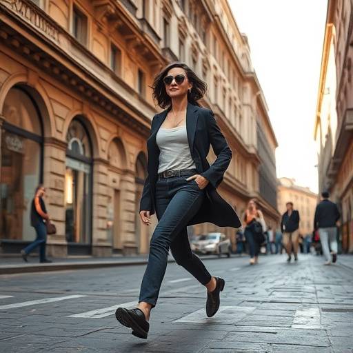 Immagine dallo spot pubblicitario per 'CityWalk Apparel', con un modello che indossa abiti urbani in movimento tra le strade di Milano.