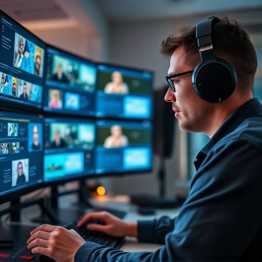 Persona che edita video al computer con pi&ugrave; schermi