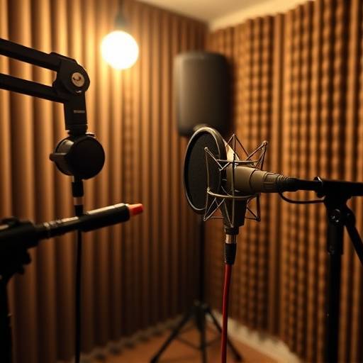 Persona che registra una voce fuori campo in uno studio di registrazione